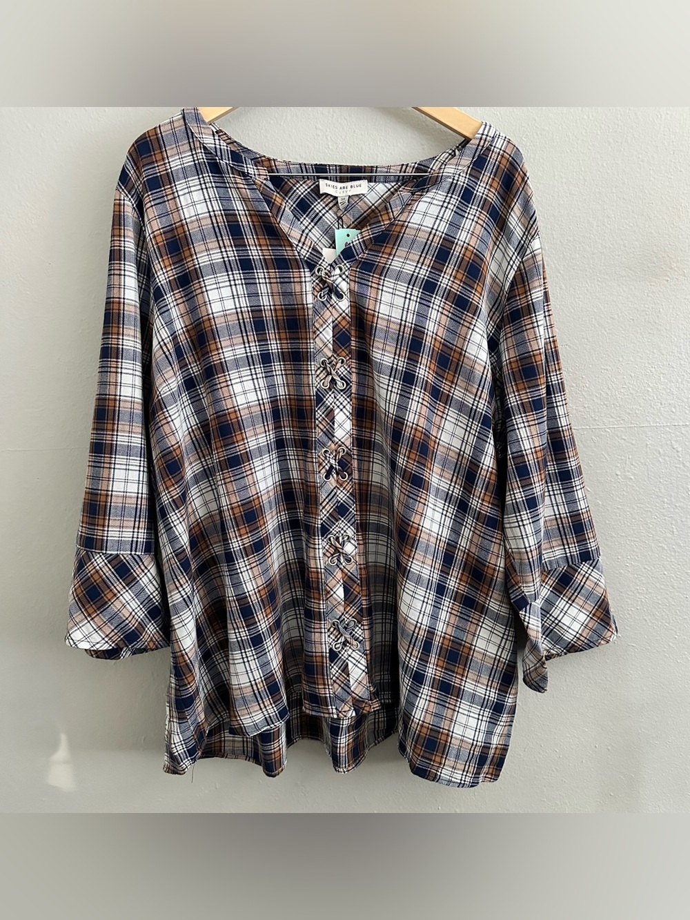 Skies Are Blue Londyn Lace Up Detail top Womens 3X Navy Plaid Boho Western NWT